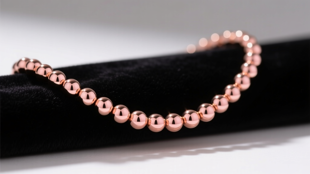 A 14k rose gold bead necklace resting on dark velvet, showing its warm pink-copper metallic luster under soft studio lighting.