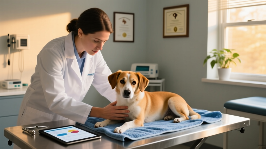 Veterinary technician examining a small dog on an exam table while reviewing diagnostic test results