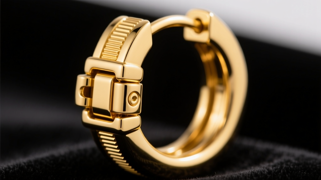 Macro shot of a hinged snap-lock closure on a thick 12-gauge 18k gold hoop earring, highlighting the secure latch mechanism