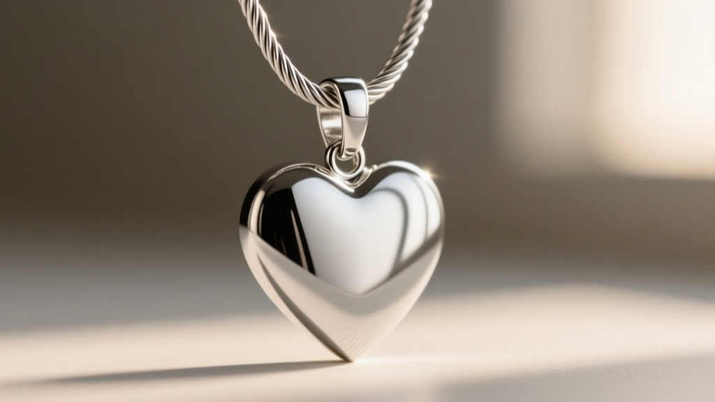 Close view of a 1.5mm steel cable chain threading through a hidden soldered bail on the top edge of a silver heart card pendant.