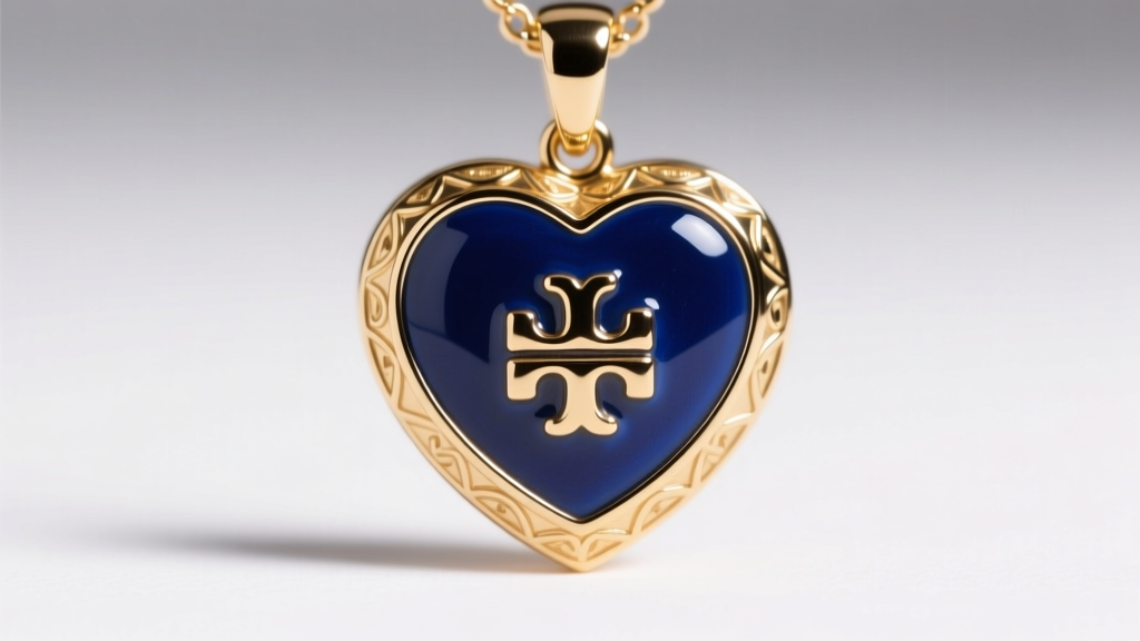 Macro shot of a Tory Burch heart pendant showing the intricate gold-plated metal bezel and glossy navy blue enamel filling