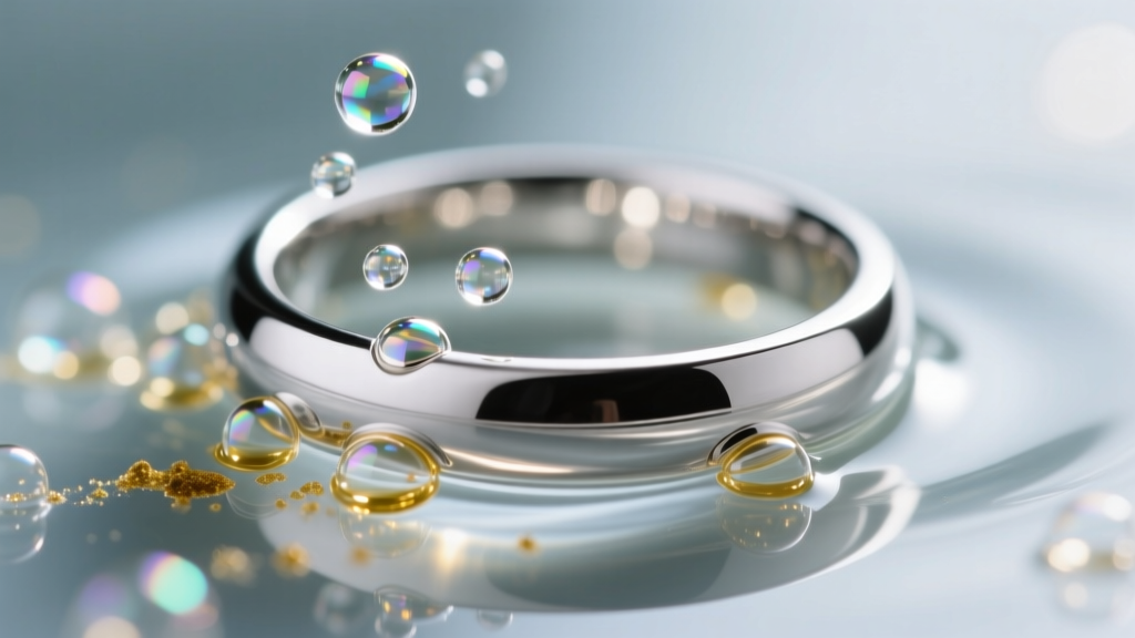 Macro view of a platinum ring submerged in clear fluid, showing tiny micro-bubbles lifting oil residue from the metal prongs.