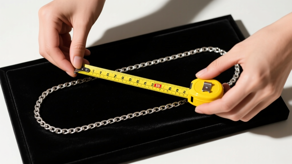 Hands measuring a 16 inch sterling silver chain with a yellow tape measure on a dark velvet jewelry pad, top-down view.