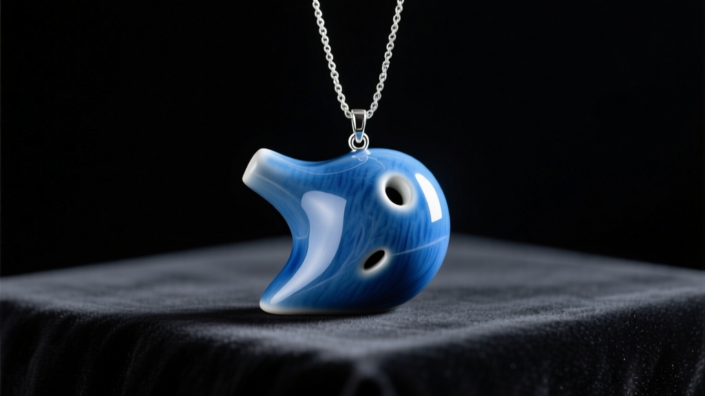 Close-up of a glazed blue ceramic ocarina necklace pendant resting on dark velvet, lit by soft directional studio lighting.