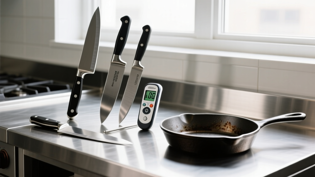 Chef knives, digital thermometers, and cast iron pans on a steel workbench, prepped for a rigorous kitchen durability test.