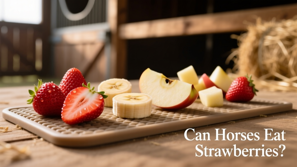 Assortment of safe equine fruit treats—including sliced strawberries, banana pieces, and apple chunks—arranged on a clean rubber mat
