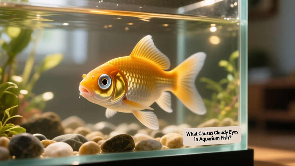 Close-up of a freshwater fish with one cloudy eye, viewed from above the aquarium
