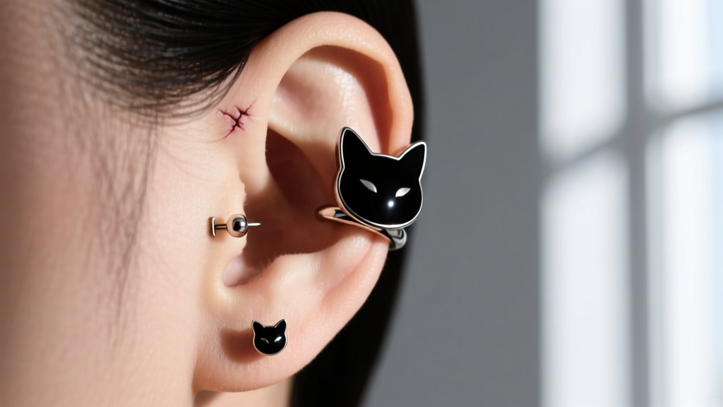 Side view of a black cat ear cuff and stud on a healed earlobe, showing the 18-gauge post and secure fit under natural lighting.