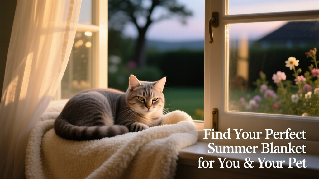 A senior cat curled up on a cream sherpa blanket beside an open window with soft evening light