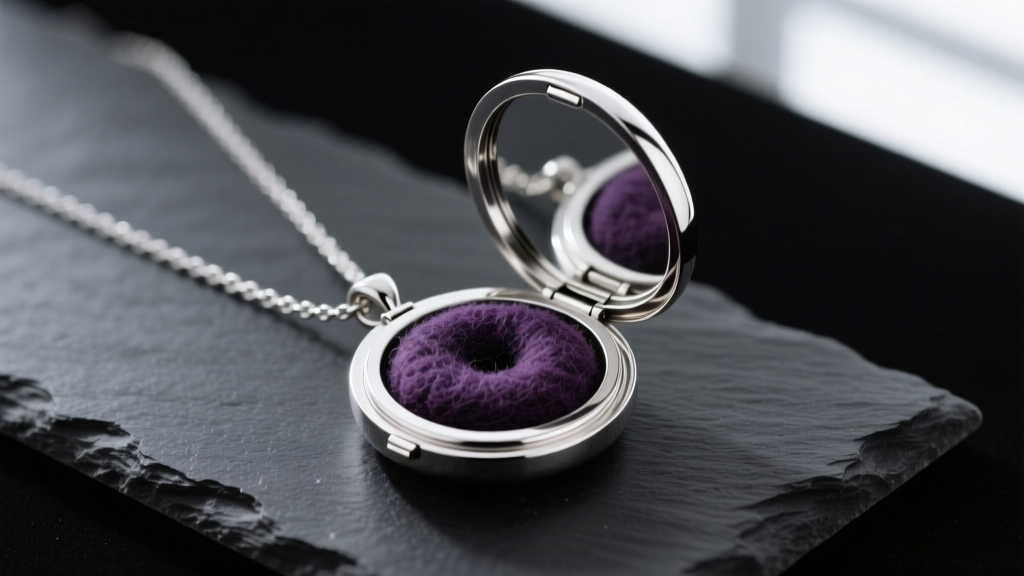 Open sterling silver aromatherapy locket necklace on dark slate showing a saturated wool felt diffuser pad inside the metal casing