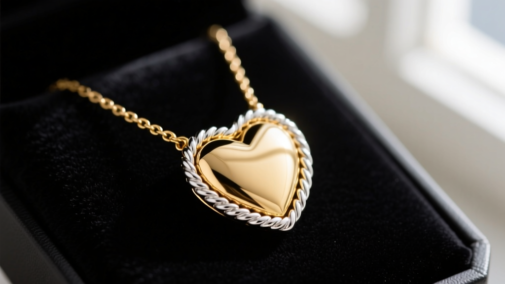 Close-up of an 18k gold and sterling silver Judith Ripka heart pendant necklace with a rope texture border resting on dark velvet