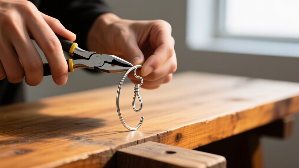 Hands using round-nose pliers to bend 20-gauge silver wire into an earring hook on a wooden bench under warm studio lighting.