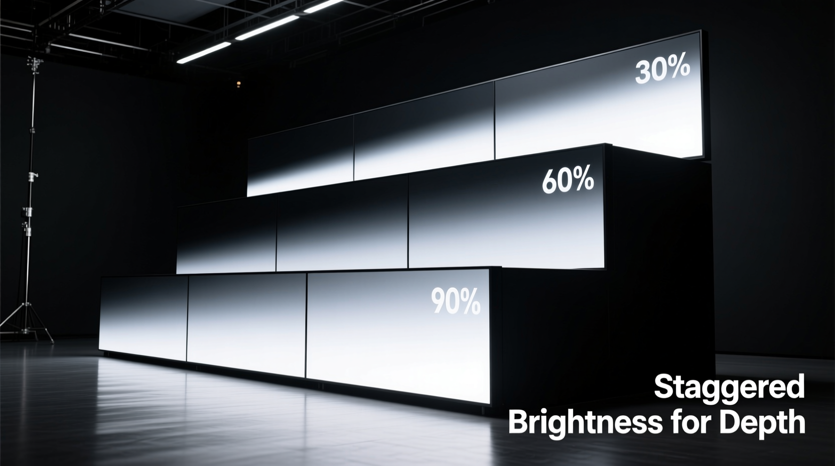 how to stagger light brightness levels for depth in large display setups