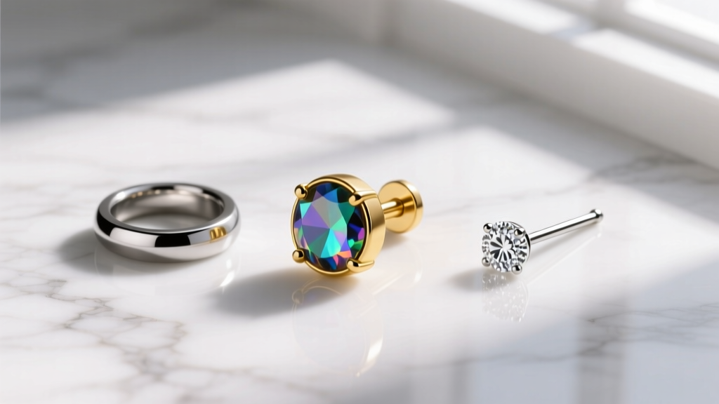 Flat lay of three tragus jewelry gifts: a gold opal labret, a titanium clicker ring, and a diamond threadless pin on marble.