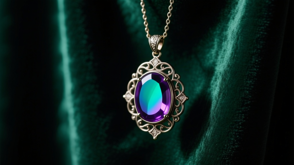 A vintage mood pendant on dark velvet displaying a vibrant teal and violet color shift under soft studio lighting.