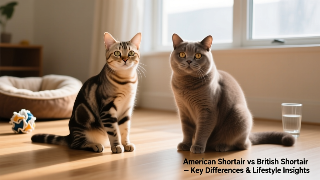 Side-by-side comparison showing an American Shorthair (slimmer, more athletic build) and a British Shorthair (stockier, rounder face and body)