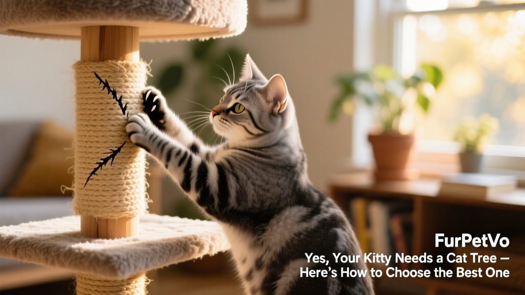 Close-up of a cat using sisal scratching posts on a FurPetVo cat tree, with visible claw marks and texture detail