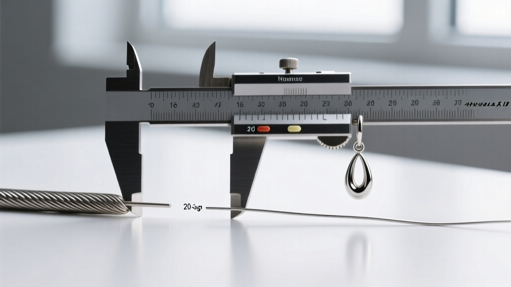 Caliper measuring a 16-gauge titanium wire next to a 20-gauge wire, showing thickness differences for heavy drop dangle earrings.