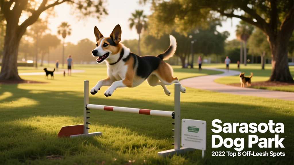 A mixed-breed dog mid-leap over a low agility hurdle in a grassy, shaded dog park