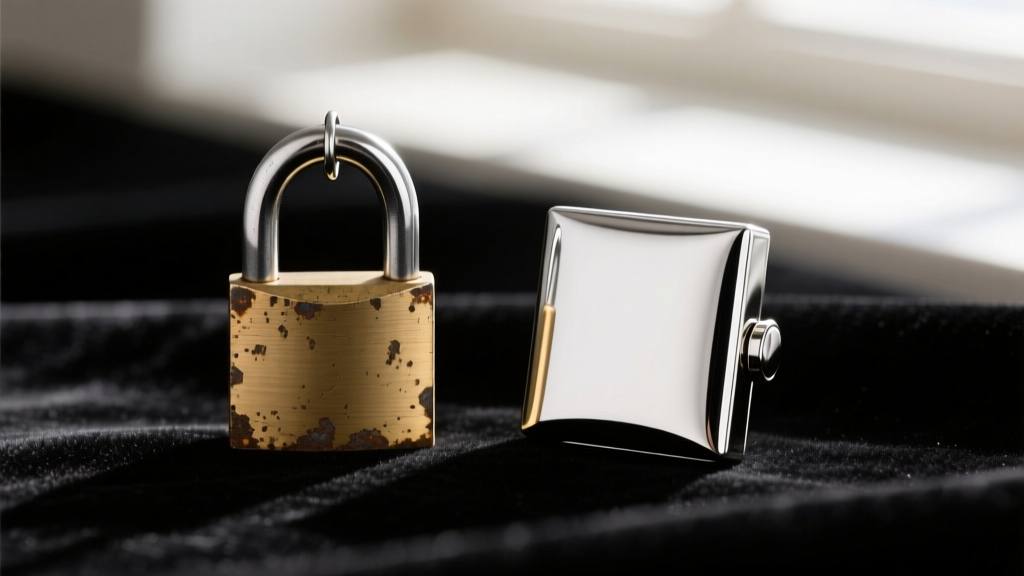 Macro comparison of a tarnished 316L steel padlock earring back beside a pristine platinum locking clutch on dark velvet.