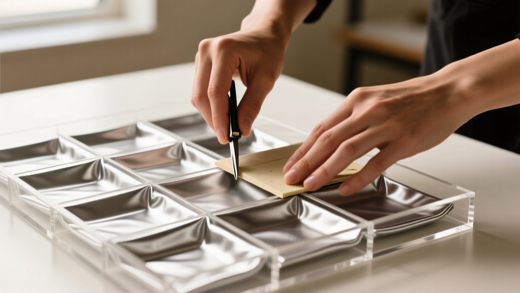 Close-up of hands using a bone folder to press Pacific Silvercloth into the small square compartments of an acrylic tray