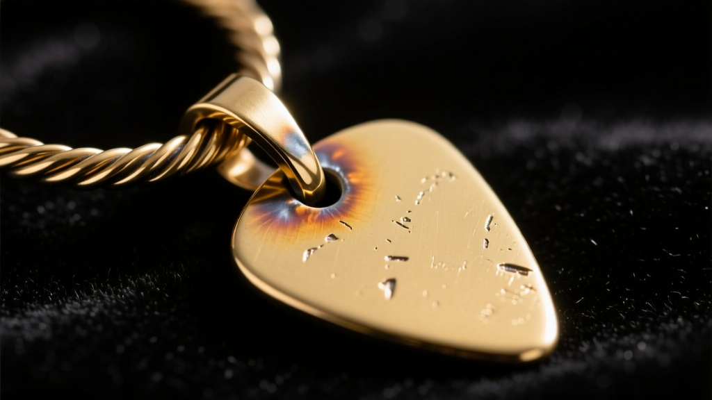 Macro shot of a soldered metal bail attached to a thick brass guitar pick pendant, showing a seamless joint against dark velvet