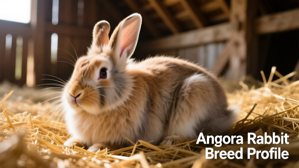 A calm French Angora rabbit resting in a bed of golden straw, highlighting its balanced wool-and-guard-hair coat