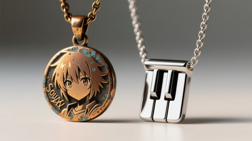 Macro shot comparing a tarnished zinc alloy anime pendant next to a polished 316L stainless steel Soul Evans piano key necklace
