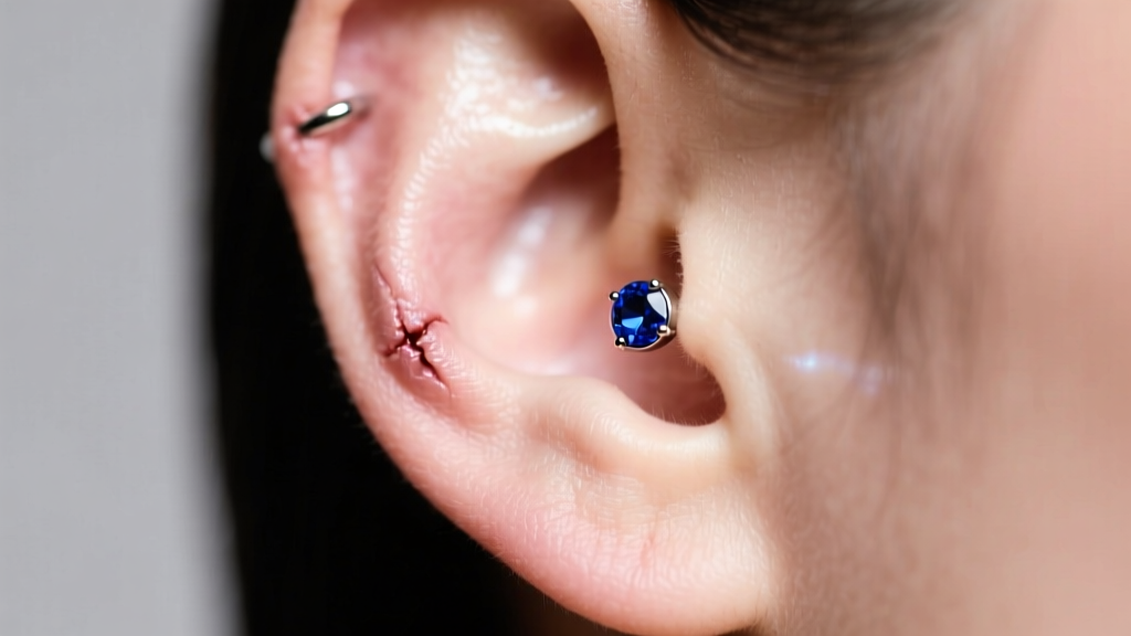 Close-up of a healed earlobe wearing a minimalist 18-gauge implant-grade titanium threadless stud with a small bezel-set sapphire.