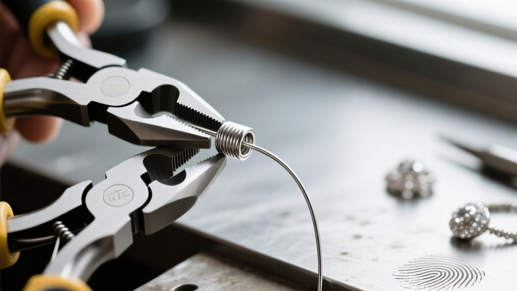 Extreme close-up of crimping pliers folding a 2x2mm sterling silver crimp tube over a wire loop, capturing the exact folding step.