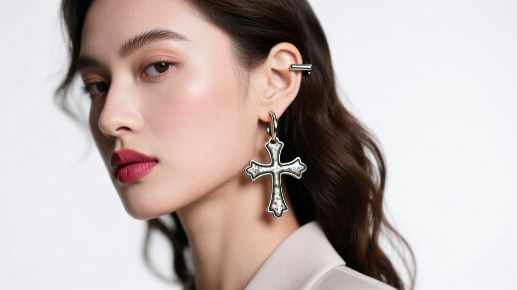 Model wearing an ear stack with an oxidized silver cross huggie and a minimal 18-gauge barbell in soft, diffused studio lighting.