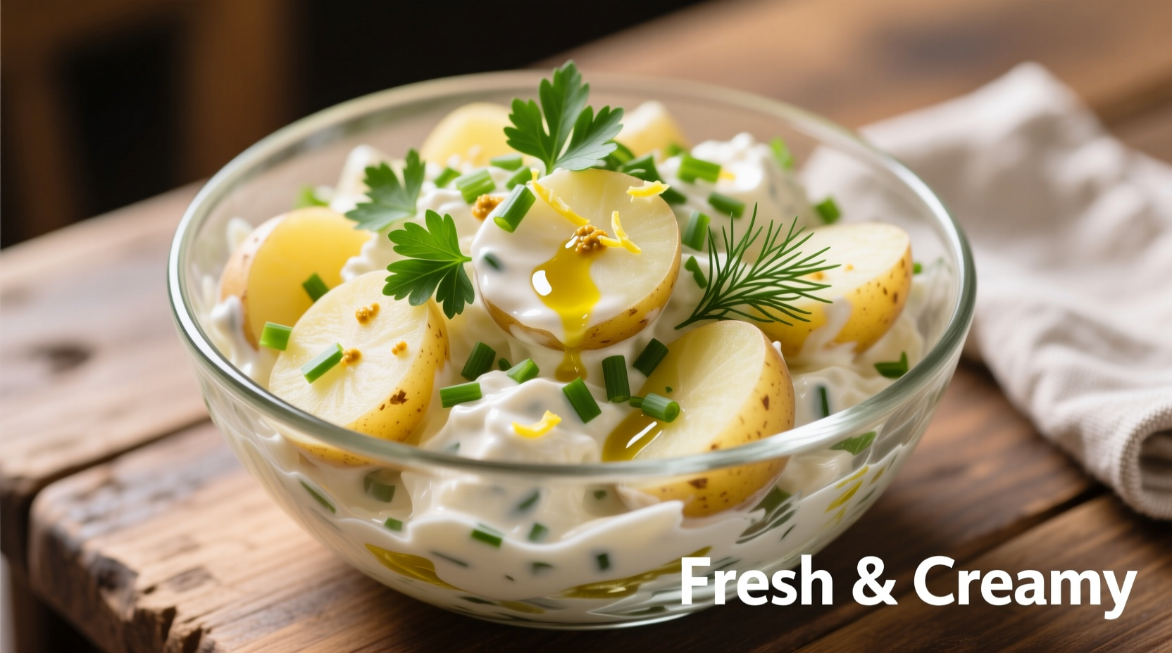 Creamy potato salad in glass bowl with fresh herbs