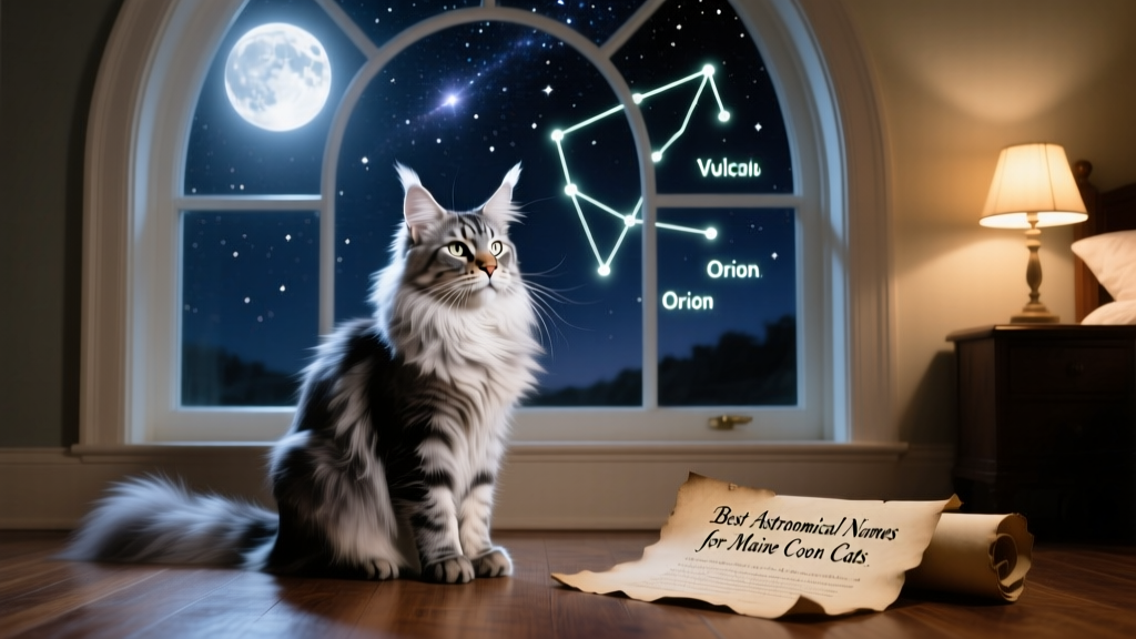 A silver-tipped Maine Coon sitting beside a window under soft moonlight