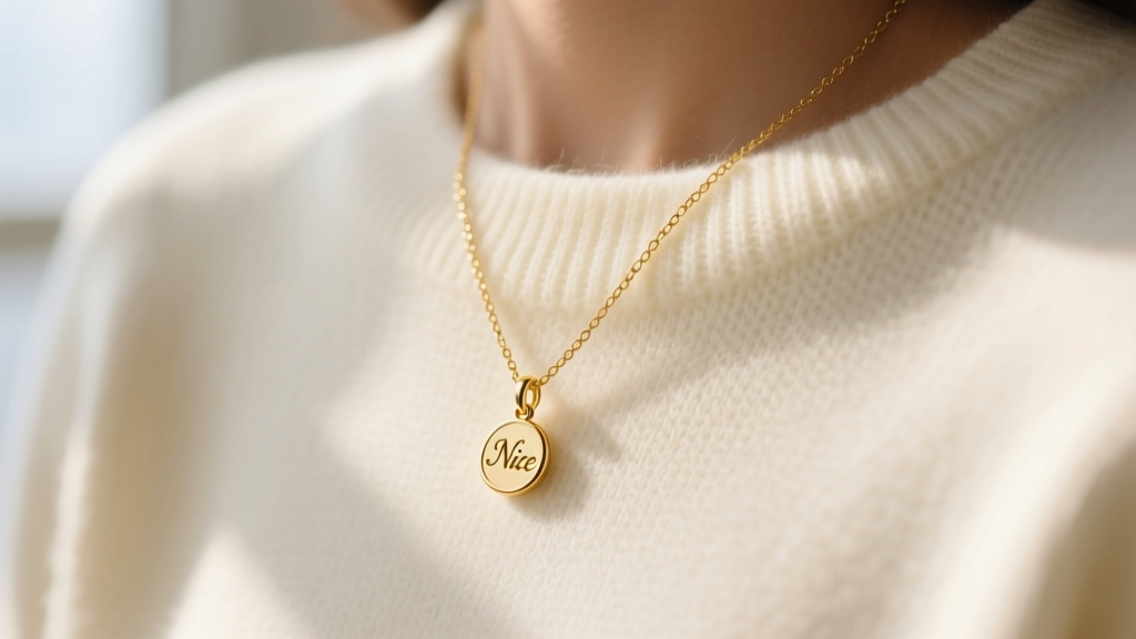 Close-up of a 14k gold niece necklace with a tiny initial pendant on a cream sweater, lit by soft natural window light