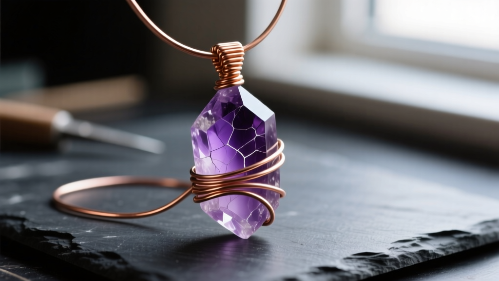 Close-up of raw amethyst crystal pendant being wire-wrapped with 20-gauge dead-soft copper wire on a dark slate workbench.