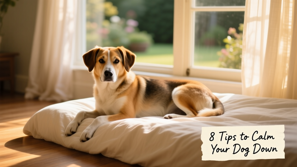 A calm dog resting on a soft bed beside a window with gentle natural light