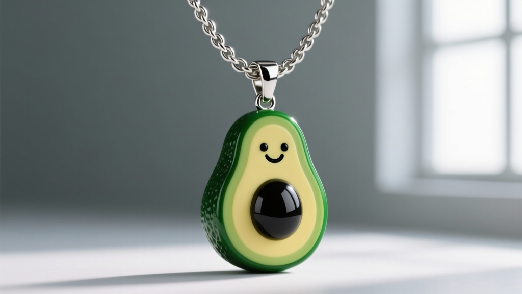 Close-up of a 2.0mm stainless steel box chain with a lobster clasp holding a heavy, whimsical food-themed resin pendant.