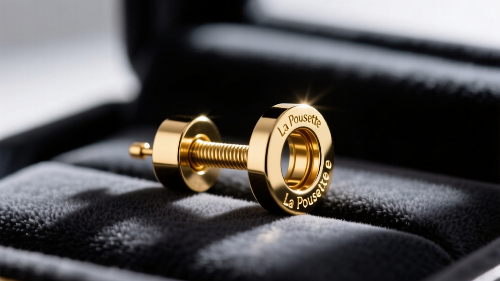 Macro shot of an 18-gauge gold earring post with a La Pousette locking clutch mechanism, resting on a dark velvet background.