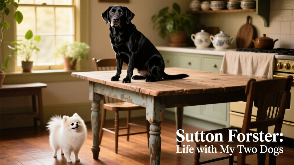 Brody perched confidently on a dining table, head tilted curiously, while Mabel watches from the floor