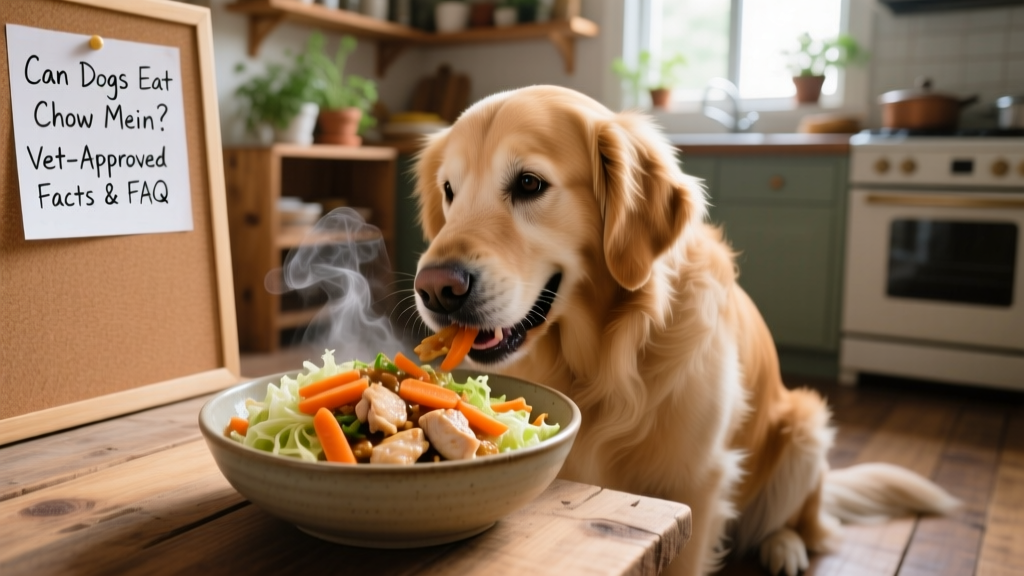 A dog happily eating a homemade stir-fry made with carrots, cabbage, and lean chicken—no sauces or seasonings