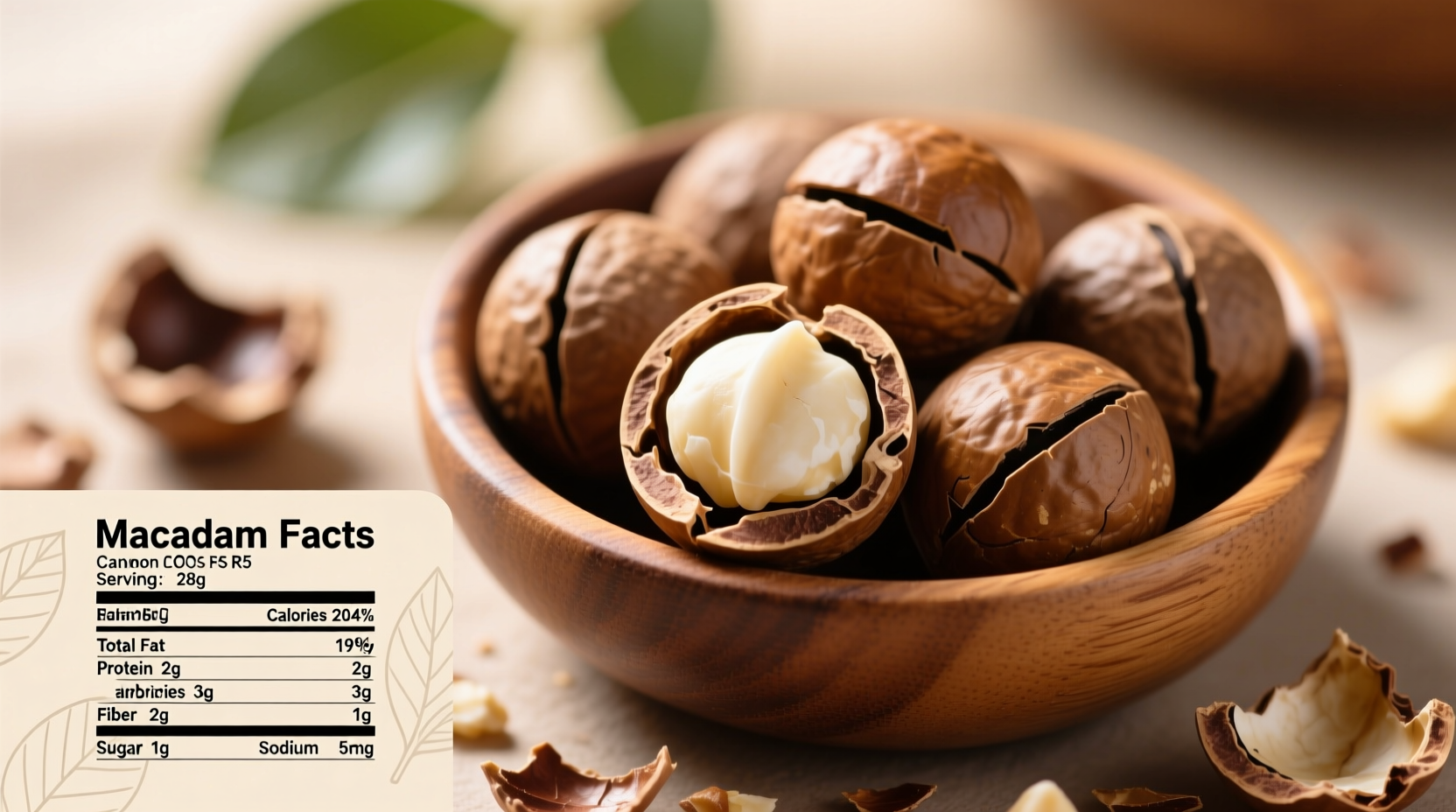 Macadamia nuts in shell with nutritional facts