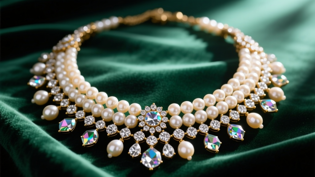 Close-up of a traditional Indian multi-strand pearl and uncut diamond Queens necklace resting on dark emerald velvet fabric.