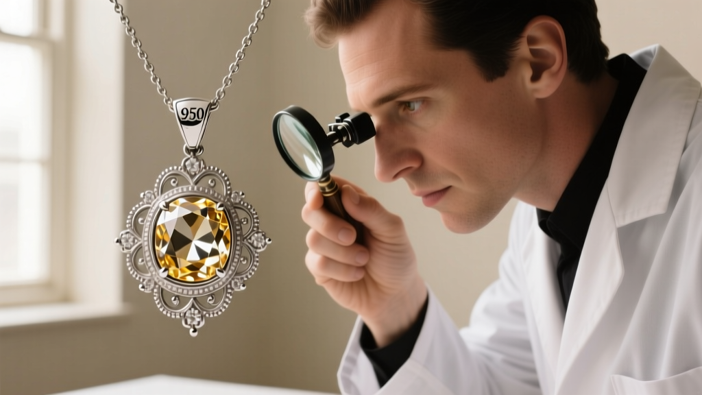 Jeweler using a 10x loupe to inspect hallmarks on an Edwardian 950 platinum and old European cut diamond pendant necklace