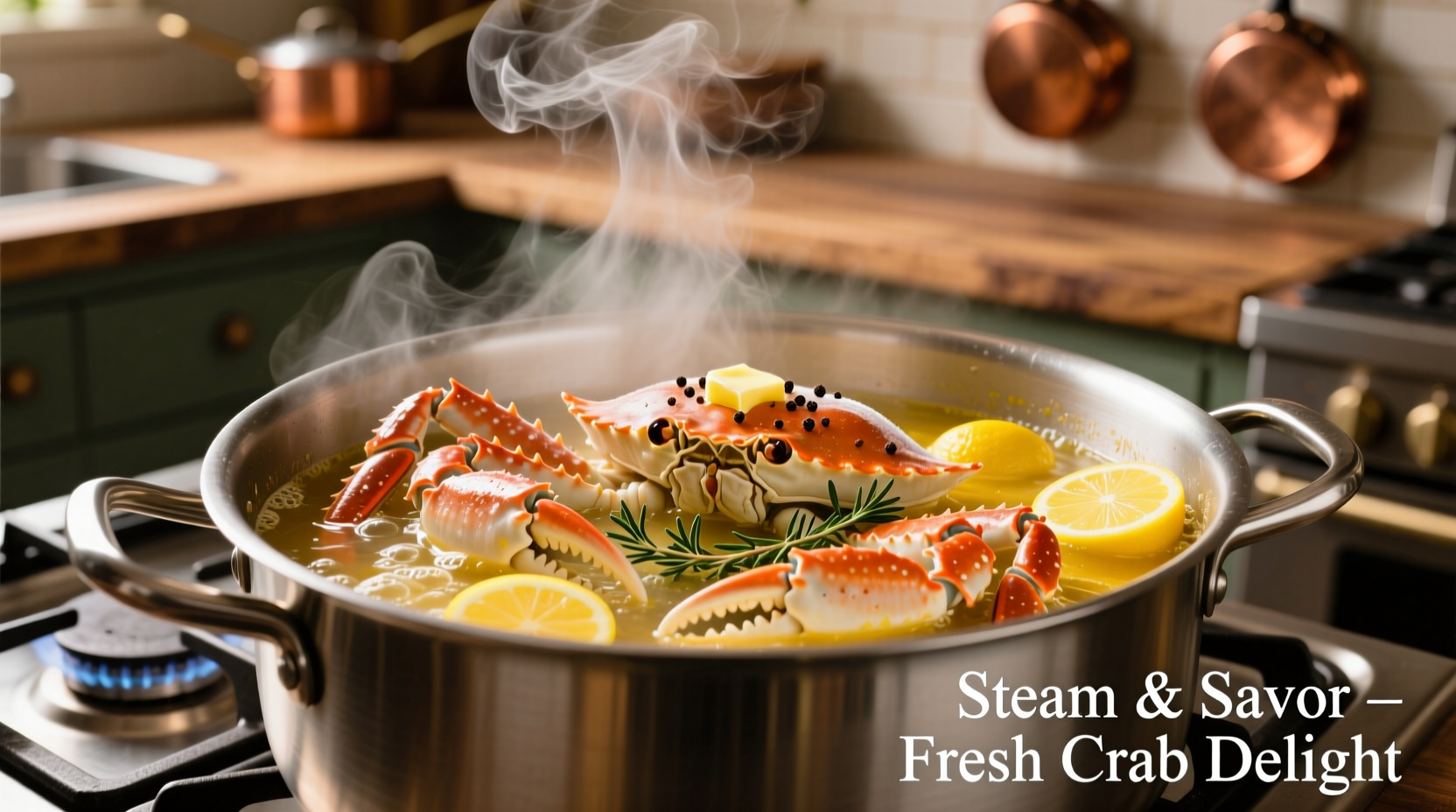 Steaming frozen crab legs in a pot with lemon and seasonings