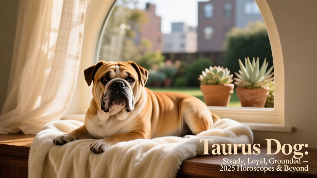 A calm, soulful-eyed bulldog resting on a plush blanket beside a window, bathed in soft afternoon light