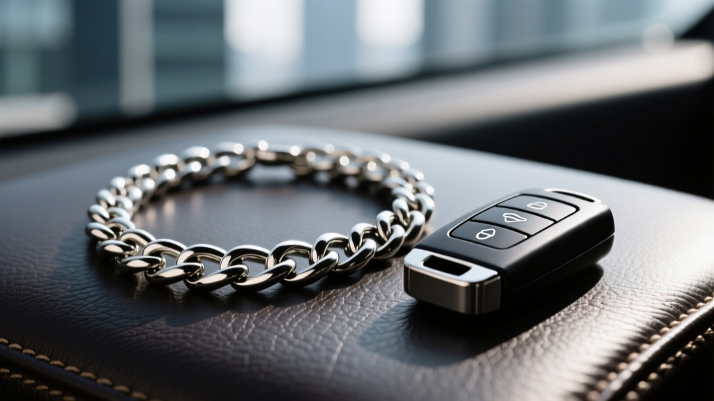 Close-up of a thick 4mm stainless steel Cuban link keyholder necklace resting on dark leather next to a modern black car key fob.