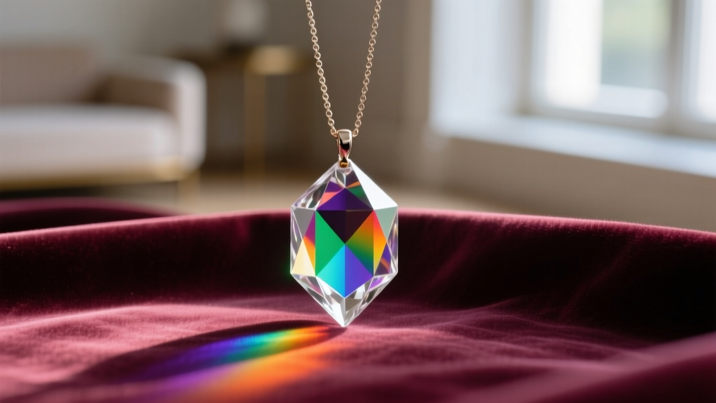 Close-up of a faceted glass prism pendant on velvet, catching light to cast vivid rainbow refractions on fabric.