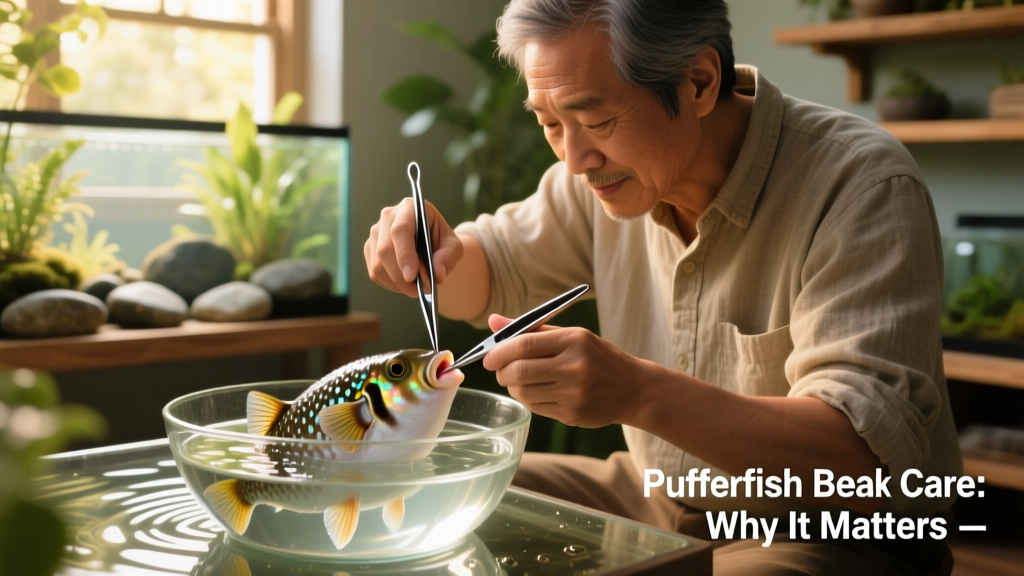 Veterinarian or experienced aquarist carefully trimming a pufferfish's beak using specialized tools