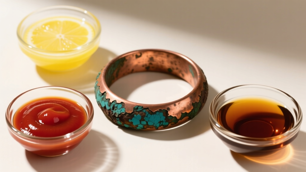 Top-down view of glass bowls with lemon juice, ketchup, and copper polish arranged around a heavily tarnished thick copper ring.