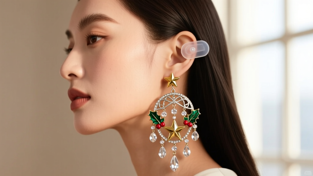 Side profile of a woman wearing a large, ornate holiday dangle earring supported by a clear silicone ear lobe stabilizer patch.